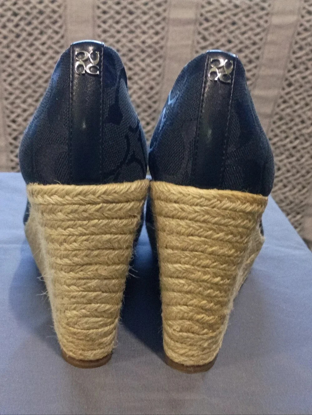 Coach Navy Signature Canvas Peep Toe Espadrille Wedges